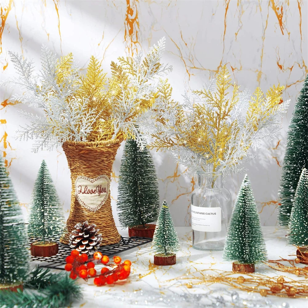 10pcs Glitter Artificial Pine Leaves Stem Branch Christmas Tree Picks Cedar Spray for Xmas Garland Wreath Home Winter Decoration