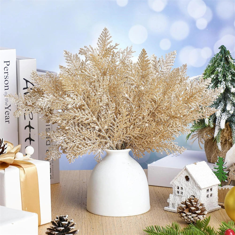 10pcs Glitter Artificial Pine Leaves Stem Branch Christmas Tree Picks Cedar Spray for Xmas Garland Wreath Home Winter Decoration